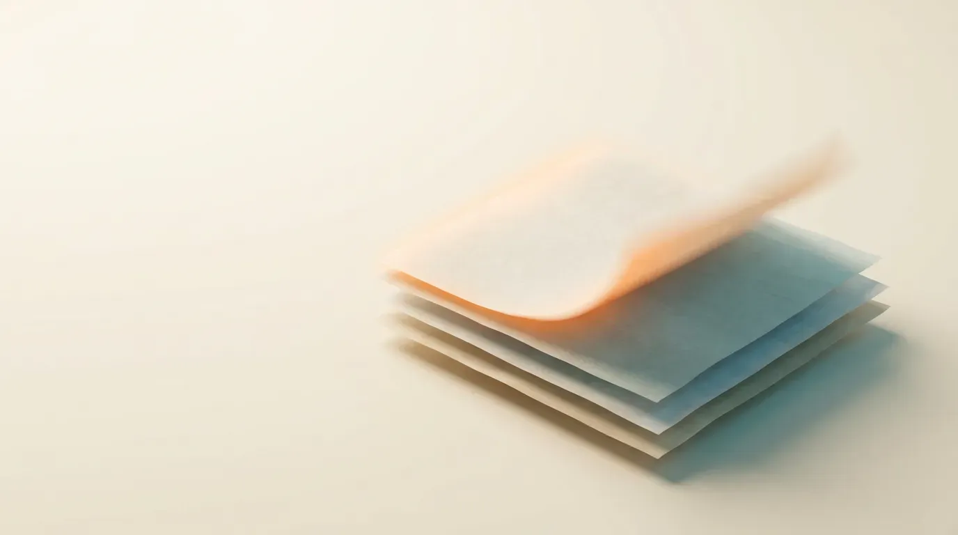 Cuatro hojas finas de papel apiladas, la superior levantándose con un reflejo naranja