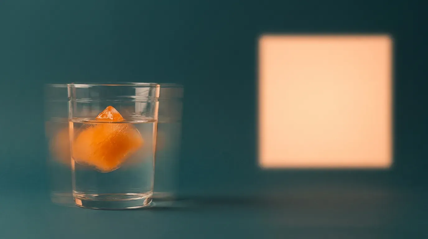 Vaso de agua con un cubo de hielo naranja casi sumergido por completo