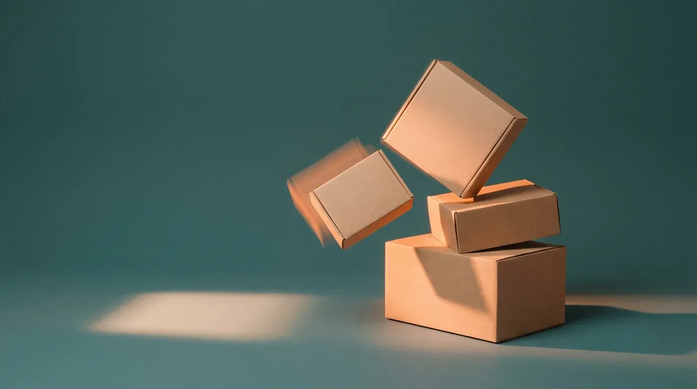 Tres paquetes de cartón kraft cayendo en equilibrio sobre fondo teal