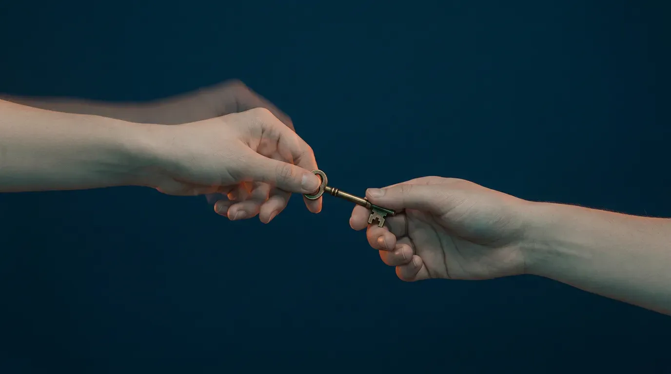 Una mano entrega una llave de latón a otra mano sobre fondo azul noche