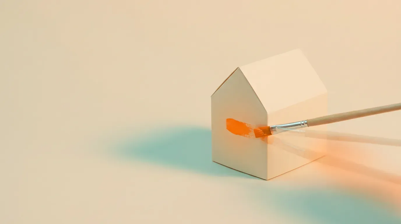 Casa de papel con una sola pared repintada de naranja por un pincel