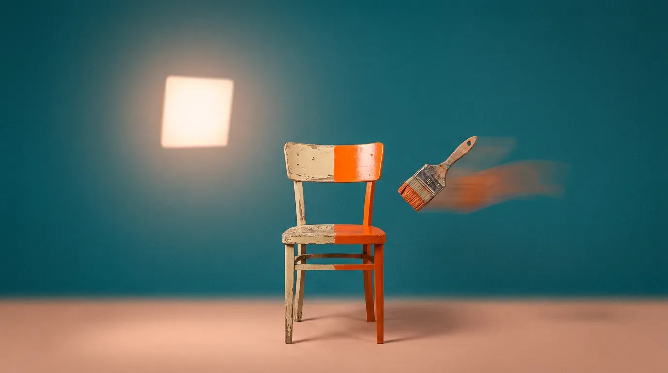 Una silla de madera repintada a medias de naranja, con el pincel en movimiento