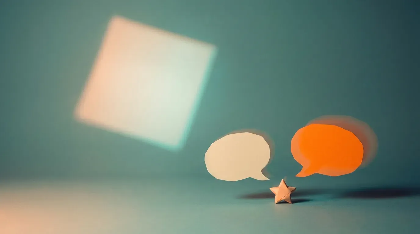 Dos bocadillos de papel, uno crema y otro naranja en movimiento, con una pequeña estrella entre ellos