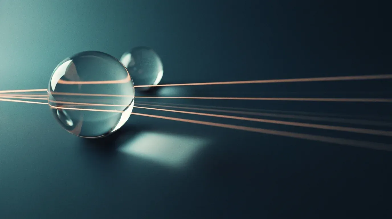 Esfera de cristal que refracta haces de luz naranja sobre fondo azul noche
