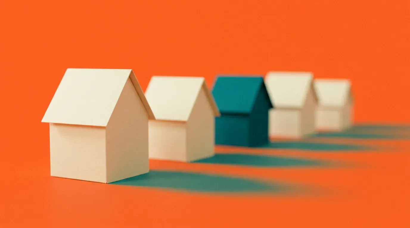 Hilera de casas de papel con una teal entre ellas sobre fondo naranja